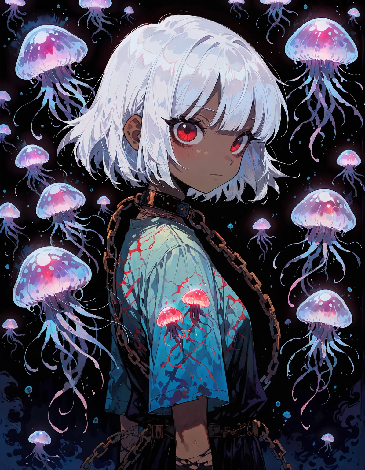 masterpiece, newest, incredibly absurdres, highres, <lora:3Y3S_style:1>,3Y3S_illu,toon \(style\),traditional media, jellyfish, 1girl, short hair, chain, looking at viewer, solo, short sleeves, red eyes, bangs, white hair, jewelry, shirt, closed mouth, upper body, from side, black background, dark skin, collar