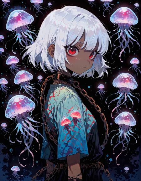 masterpiece, newest, incredibly absurdres, highres, <lora:3Y3S_style:1>,3Y3S_illu,toon \(style\),traditional media, jellyfish, 1girl, short hair, chain, looking at viewer, solo, short sleeves, red eyes, bangs, white hair, jewelry, shirt, closed mouth, upper body, from side, black background, dark skin, collar
