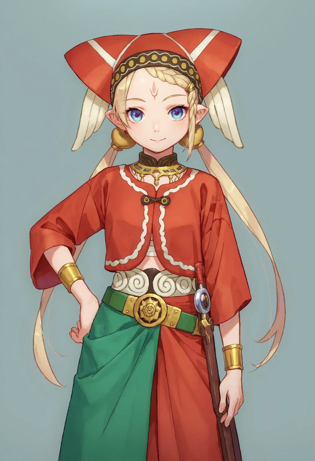 score_9_up score_8_up score_7_up, 1girl tilarna exedilika forehead mark twintails, red headwear hat red dress green dress belt, light smile, hand on hip, simple background
<lora:tilarna_exedilika2_pony_d16:1>