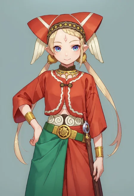 score_9_up score_8_up score_7_up, 1girl tilarna exedilika forehead mark twintails, red headwear hat red dress green dress belt, light smile, hand on hip, simple background
<lora:tilarna_exedilika2_pony_d16:1>