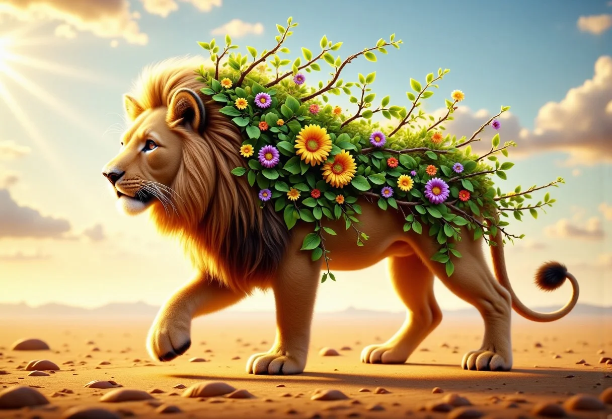 a majestic lion striding purposefully across the vast expanse of the African savanna. Golden sunlight bathes the landscape in a warm, inviting glow, while a soft, hazy sky stretches out infinitely above, painted in delicate tones of powder blue and lavender.
Now visualize the lion's silhouette becoming enveloped in a lush, verdant haze. As if transported magically from the jungle, a symphony of rich foliage fills the contours of the king of beasts' form. Graceful branches and leaves spill out from the edges of his muscular shoulders, draping down his flank like a mantle of emerald satin. Vines twist and coil around his powerful forelegs, while clusters of vibrant flowers bloom from the tufts of his ears and beard.
Despite this sudden eruption of plantlife, the lion moves with the same fluid ease and dignity as before. Each stride carries him calmly forward, hooves sinking softly into the sandy soil. His expression conveys a profound sense of peace and contentment, as if he were communing intimately with the very essence of the wilderness.
perspective, light and shadow, religious, mythological themes, magnificent, celestial, ethereal, moody, epic, majestic, magical, very aesthetic, rich details,
surreal, concept-art, fantasy, beautiful, painterly, detailed, textural, artistic, aesthetic, intricate details, highly detailed, vivid, volumetric lighting,