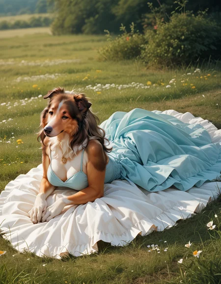 score_9, score_8_up, score_7_up, score_6_up, score_5_up, score_4_up, 1girl, furry, breasts, dress, dog, <lora:collie:0.8>, outdoors, full body, on stomach, lying