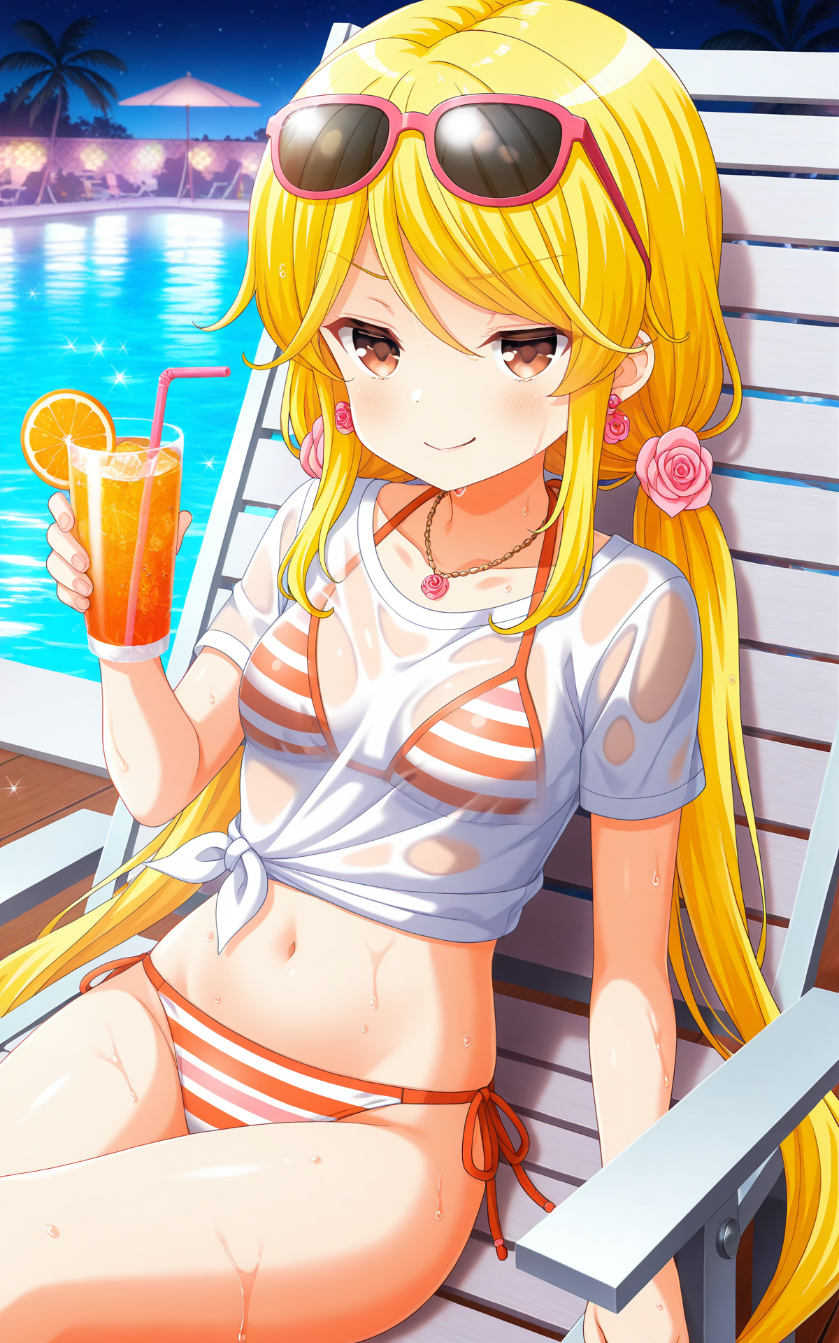 masterpiece,best quality,good quality,newest,4k,perfect lighting,cinematic,very aesthetic,official art,anime screencap,anime coloring,detailed fingers,night pool partyã
1girl,solo,tokitani koruri,blonde hair,low twintails,long hair,brown eyes,rose earrings,small breasts,sunglasses, eyewear on head,hair ornament,flower, 
tied shirt,wet shirt,bikini under clothes,striped bikini,jewelry,necklace,midriff,side-tie bikini bottom,
sitting,on back,on beach chair,holding cup,drinking straw,looking at viewer,smirk,half-closed eyes,naughty face,BREAK
<lora:ILkoruri:1>