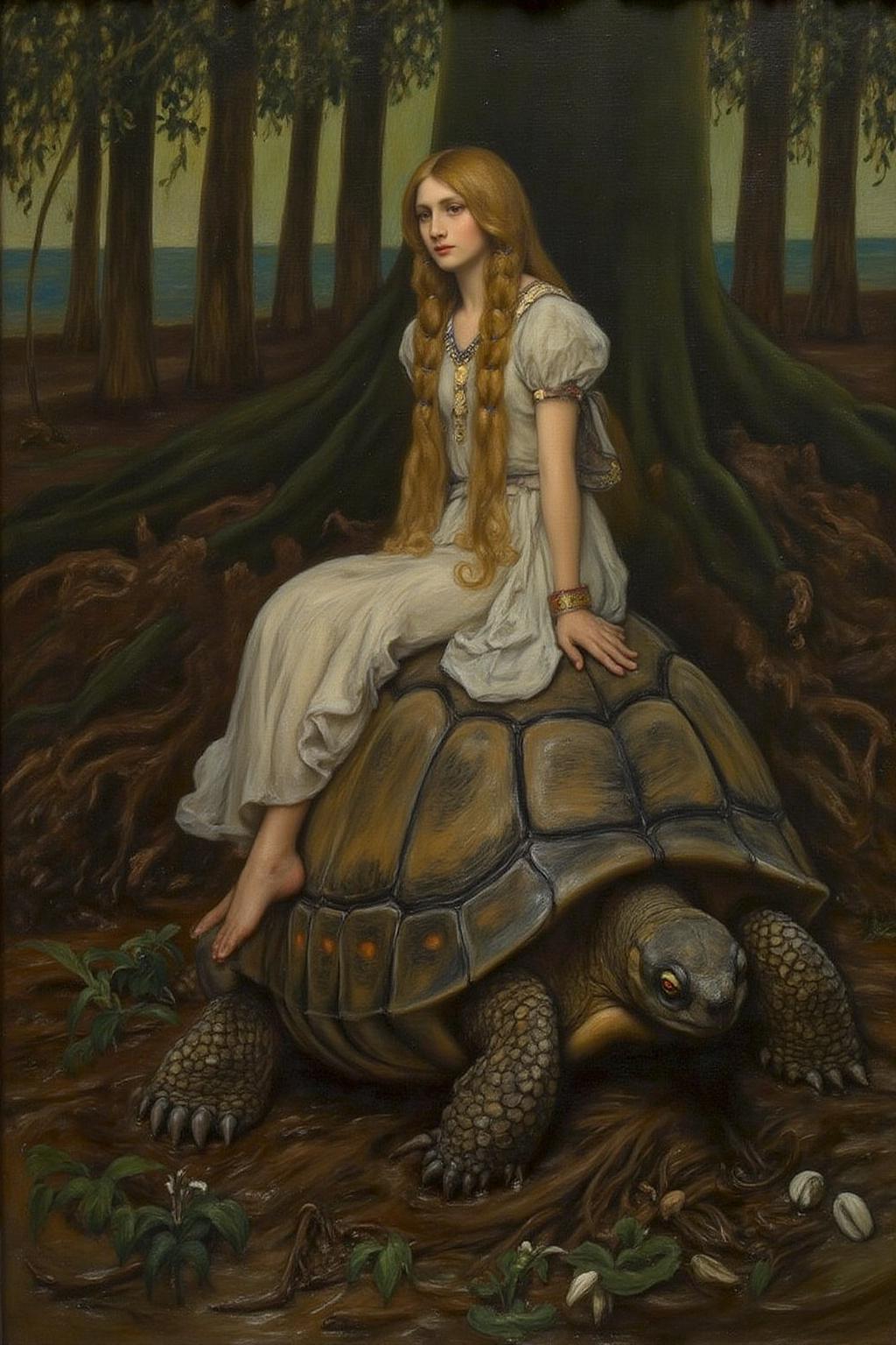 edwinabbey1 painting. 
sterrett1.
A young woman with long blonde hair is sitting on top of a giant turtle.
They are inside a mystical forest setting with tall, slender trees. The forest floor is partially submerged in water, with various plants and roots visible.
 <lora:edwinabbey1_cap_d6a3:1.0><lora:837020471221501251:0>
