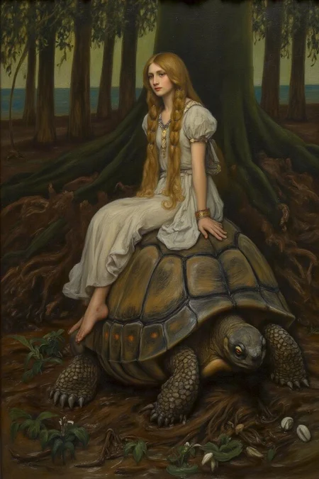 edwinabbey1 painting.
sterrett1.
A young woman with long blonde hair is sitting on top of a giant turtle.
They are inside a mystical forest setting with tall, slender trees. The forest floor is partially submerged in water, with various plants and roots visible.
<lora:edwinabbey1_cap_d6a3:1.0><lora:837020471221501251:0>