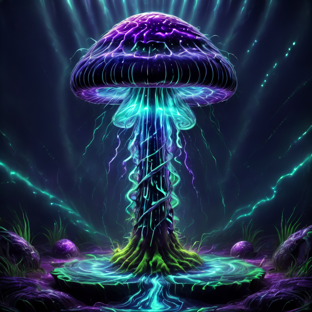 ((best quality)), ((masterpiece)), ((realistic,digital art)), (hyper detailed),DonMV01dfm4g1c3XL Navy Blue Massive Conical Spongy mushroom, Plush, Flaky, Plant Health Enhancement, Caldera, Grouped,   Fibrillose Veil,   , octane rendering, raytracing, volumetric lighting, Backlit,Rim Lighting, 8K, HDR,   <lora:Voidmagic_XL_version-000014:1>