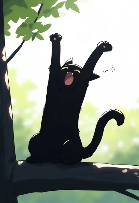 chii-kun \(seedyoulater\), naguru \(cyoroama\),
very awa, masterpiece, highres, absurdres, newest, year 2024, year 2023,
(cat:1.2), black cat, (no humans:1.1), scared, paws, fur, (cute:1.2), comfy, solo, stretching, yawning,
tree branches, OO,
day, sunlight, sunrays,
<lora:TA_trained:0.75>, <lora:ponyv4_noob1_2_adamW-000017:0.33>, <lora:shiroski:0.75>,