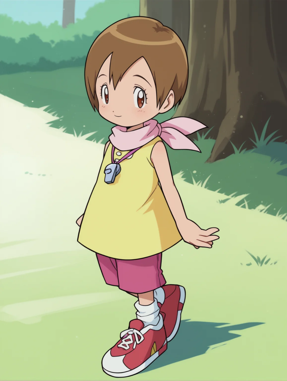 score_9, score_8_up, score_7_up, score_6_up, score_5_up, score_4_up, source_anime, BREAK
looking at viewer, <lora:Digimon:0.8> digimon, 1girl, solo, hikari, brown hair, brown eyes, short hair, yellow shirt, sleeveless, pink scarf, pink shorts, white socks, red sneakers, whistle, child,