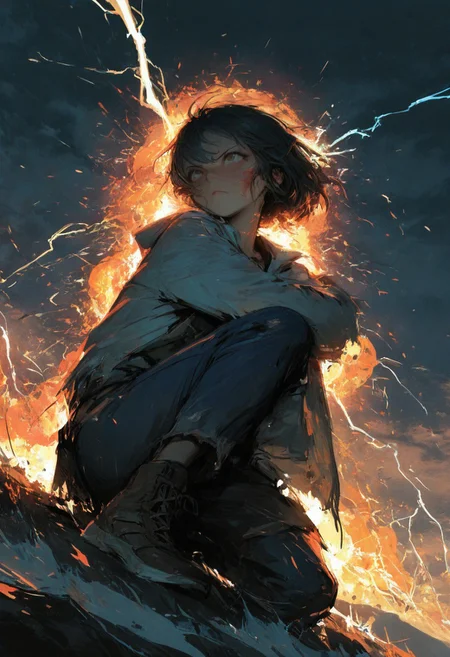 realistic, masterpiece, best quality, amazing quality, highres, absurdres, BREAK masterpiece, best quality, amazing quality, highres, absurdres, BREAK, fire burns, explosions, lightning, young woman walks, (solo), very serious, action pose, BREAK fooling around intricate cinematic background,