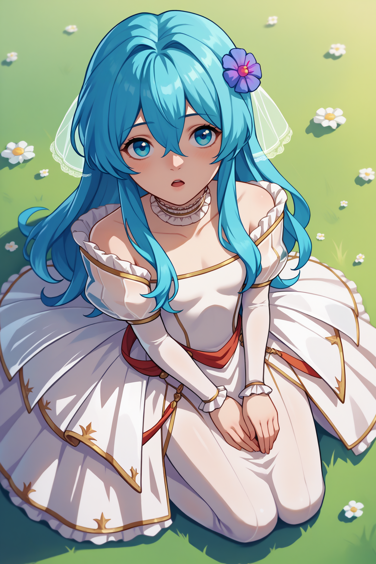 score_9, score_8_up, score_7_up, score_6_up, source_anime, 1girl, solo  <lora:brideririka-pdxl-nvwls-v1-000005:1> brdEir, cyan hair, long hair, hair between eyes, hair flower, hair ornament, bridal veil, frills, choker, wedding dress, sitting, from above, wide shot, grass, chestnut mouth, blush