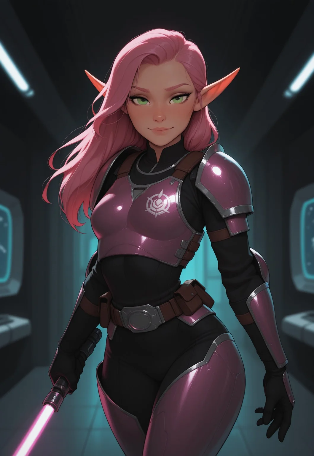 masterpiece, best quality, amazing quality, very aesthetic, DISNEY_ANIMATION, incoth, (incase:0.6), female, solo, (depth of field), spaceport, indoors, sci-fi, futuristic,
elf, pink hair, green eyes, cute face, slender, small breasts, long hair swept to one side, beautiful, kawaii, (short ears), serene expression,
mandalorian armor, sleek purple lightsaber,
standing, dynamic pose, swordmaster stance, looking at viewer,