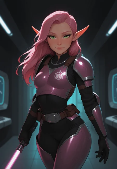 masterpiece, best quality, amazing quality, very aesthetic, DISNEY_ANIMATION, incoth, (incase:0.6), female, solo, (depth of field), spaceport, indoors, sci-fi, futuristic,

elf, pink hair, green eyes, cute face, slender, small breasts, long hair swept to one side, beautiful, kawaii, (short ears), serene expression,

mandalorian armor, sleek purple lightsaber,

standing, dynamic pose, swordmaster stance, looking at viewer,