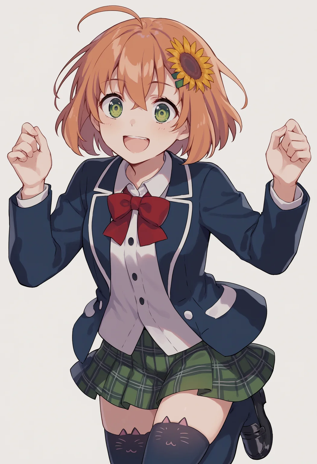 score_9, score_8_up, score_7_up, source_anime, hh1, green eyes, brown hair, orange hair, ahoge, hair between eyes, short hair, hair ornament, sunflower hair ornament, hairclip, bow, red bow, shirt, white shirt, jacket, blue jacket, blazer, skirt, green skirt, plaid skirt, zettai ryouiki, thighhighs, black thighhighs, cat ear legwear, cowboy shot, smile, open mouth, jumping, loafers, black footwear<lora:HonmaHimawariXLv2-20:1>
