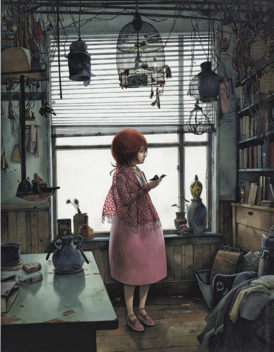 By Rébecca Dautremer. An illustration of a young girl stands in a dimly lit room, looking out of a window with blinds. the room is filled with various objects, including a birdcage hanging from the ceiling, a table with a pot and a vase, and a shelf with books. on the middle of the image, a young girl with short red hair and a pink dress stands, holding a small bird in her hands. she appears to be in her early twenties, with a gentle expression on her face. her hair is styled in a bob cut, and she is wearing a pink and white patterned shawl. the background features a large window with white blinds, and the room has a rustic, vintage feel with a muted color palette. the overall atmosphere is one of quiet contemplation, with young girl standing in the center of the room.