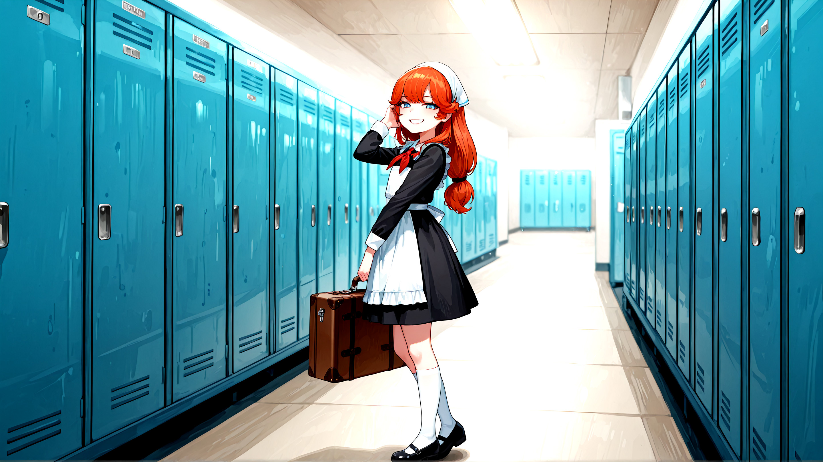 best quality, amazing quality, absurd res, best resolution, very aesthetic, 4k, latest, (Detailed face: 1.8), (detailed background:1.1) ,
 <lora:Scylla_Charybdis_Smite_for_Illustrious:0.9> 1girl, scylla, blue eyes, scylla_headwear, orange hair, long hair, solo, 
 <lora:SovietSchoolUniform:0.6> Soviet School Uniform, black dress, white apron, frilled apron, sleeve cuffs, red neckerchief, mary janes, collared dress, white socks, kneehighs
 <lora:SchoolHallV6:0.5> h4ll, indoors, lockers, hallway, ceiling light, school
side view, looking at view, holding suitcase, tucking hair, dynamic closeup angle, grin,