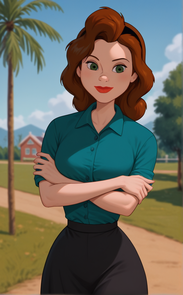 score_9, score_8_up, score_7_up, absurdres, 1girl, bare tree, branch, breast hold, crossed arms, day, outdoors, palm tree, stomach, cowboy shot, blue sky, cloud, blurry background, legs together, closed mouth, standing, thighs, arm under breasts,<lora:PONYXL_IronGiant_AnnieHughes_ownwaifu:1>, BREAK GreenShirt_AnnieHughes_ownwaifu, 1girl, aqua shirt, black hairband, black skirt, blue shirt, breasts, brown hair, collared dress, collared shirt, eyeshadow, green eyes, green shirt, lipstick, long hair, long skirt, makeup, medium breasts, nose, polo shirt, red lips, short sleeves, sleeves rolled up, <lora:add-detail-xl:0.15>,