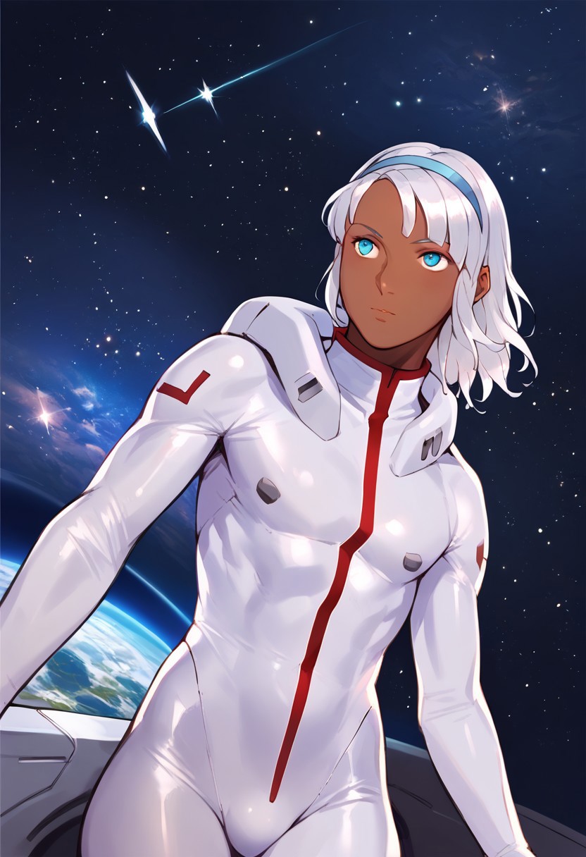 by laserflip, score_9, score_8_up, score_7_up, 1boy, femboy, loran, loran cehack, loran gundam, dark skin, white hair, blue eyes, white hairband, white bodysuit, space, space station, dynamic angle, solo, solo focus,