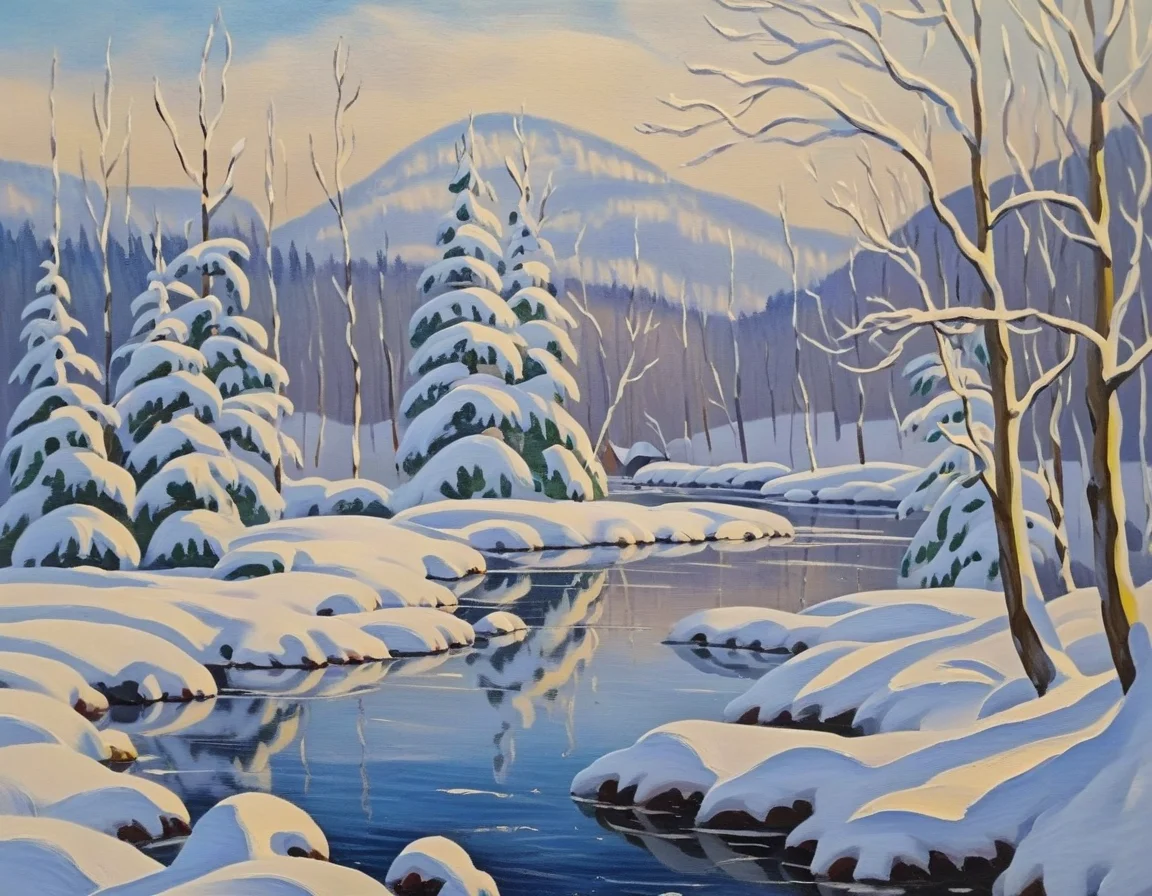 <lora:NatureLandscapePainting01_Hap_XL:1>, snowy scene, winter landscape,nature, oil painting,impressionism,