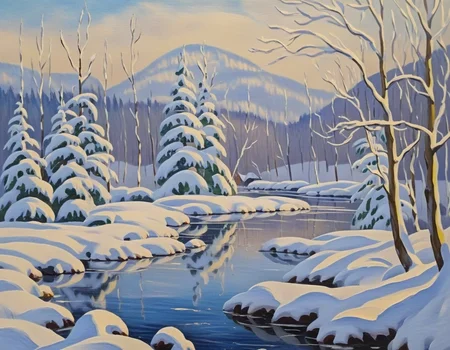 <lora:NatureLandscapePainting01_Hap_XL:1>, snowy scene, winter landscape,nature, oil painting,impressionism,