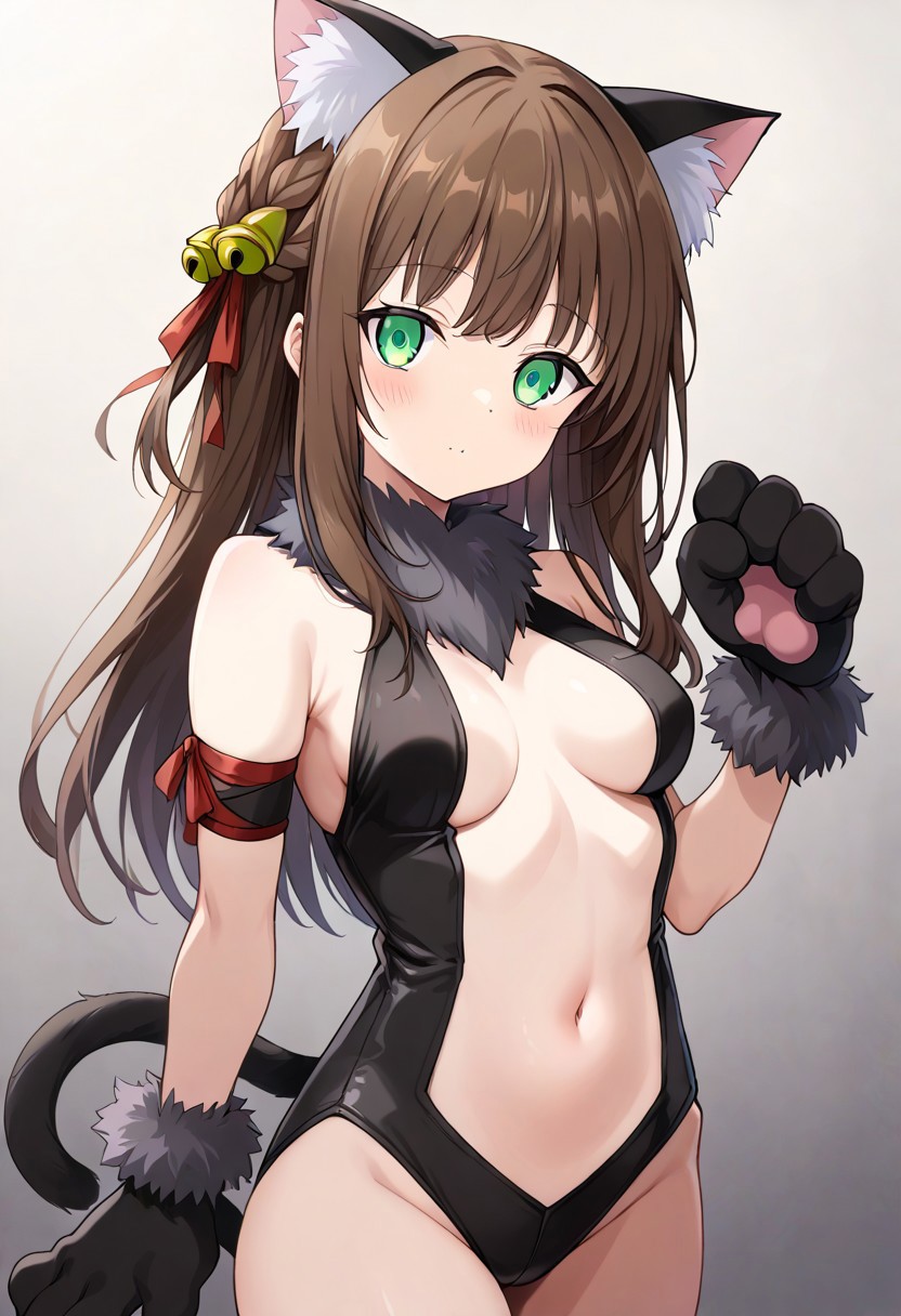 score_9, 1girl, rh34, brown hair, long hair, choppy bangs, high braid, green eyes, medium chest, source_anime, ntm, <lora:illyasviel-von-einzbern-beast-cosplay-ponyxl-lora-nochekaiser:1>, illyasviel von einzbern beast cosplay, illyasviel von einzbern (beast style) (cosplay), paw gloves, animal hands, center opening, cosplay, black leotard, fur collar, jingle bell, cat tail, cat ears, leotard, navel, midriff, stomach,