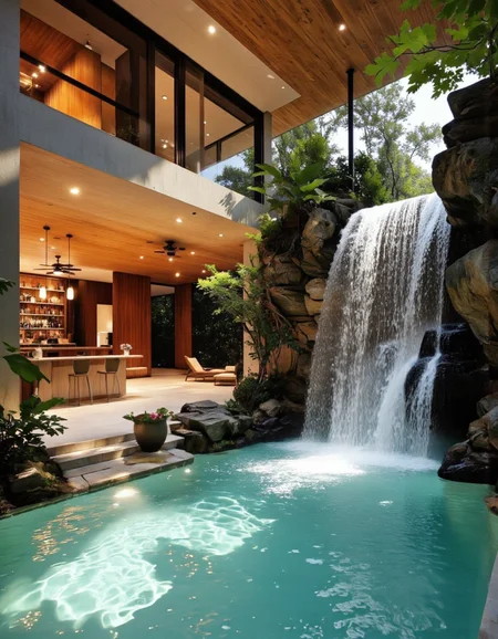 futuristic design. A stunning indoor and outdoor swimming pool with a waterfall and lush greenery surrounding it. the pool is a vibrant turquoise color, surrounded by rocks and plants, creating a serene and inviting atmosphere. on the left side of the image, a modern, minimalist house with a wooden exterior and large windows allows natural light to filter through and create a warm and inviting ambiance. the house has a wooden ceiling with exposed beams, and a bar area with a counter and chairs is situated on the upper level of the house. the water cascades down from the waterfall into the pool below, adding to the natural beauty of the scene. the room is filled with natural light, including potted plants and a ceiling fan, which adds to the serene ambiance of the outdoor space. the overall design is modern and minimalistic, with a focus on natural beauty and tranquility.