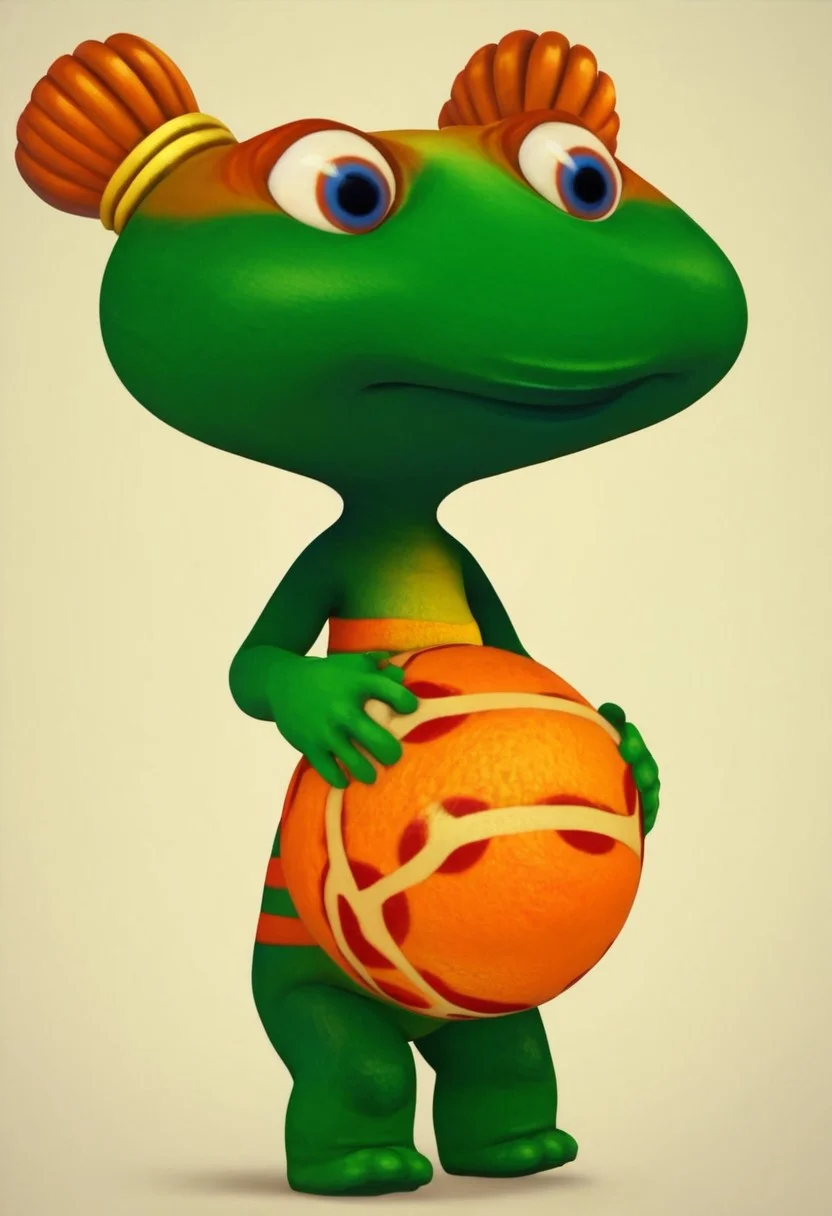 lulu zipadoo, 1girl, furry, anthro, female turtle (frog shaped head), green skin, blue eyes, orange eyelid, orange hair, yellow hair ties, pigtails, wide head, chibi, 3 oranges stripes around belly, plump, little tail, wide hips, short body, short legs, Expressiveh, realistic, 3d, wide eyed, score_8_up, score_7_up, BREAK, 1girl, solo, closeup, frown