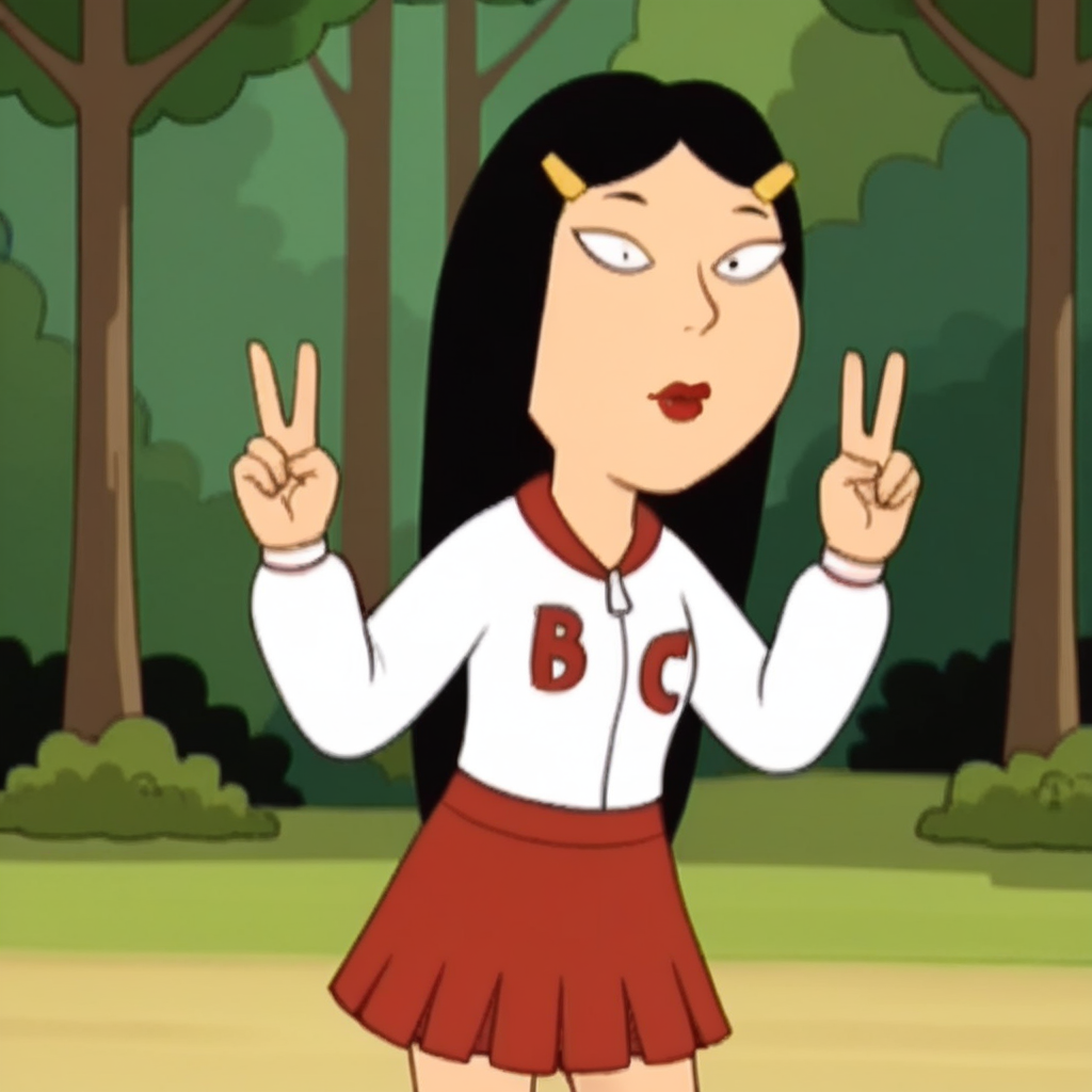 score_9_up, score_8_up, BREAK, UnnamedAsianGirl, 1girl, solo, black hair, long hair, black eyes, lipstick, hairclip, shirt, red skirt, cowboy shot, double v,  <lora:UnnamedAsianGirl_FamilyGuy_PXL_Leaf1:0.9>, outdoors, forest, closed mouth,