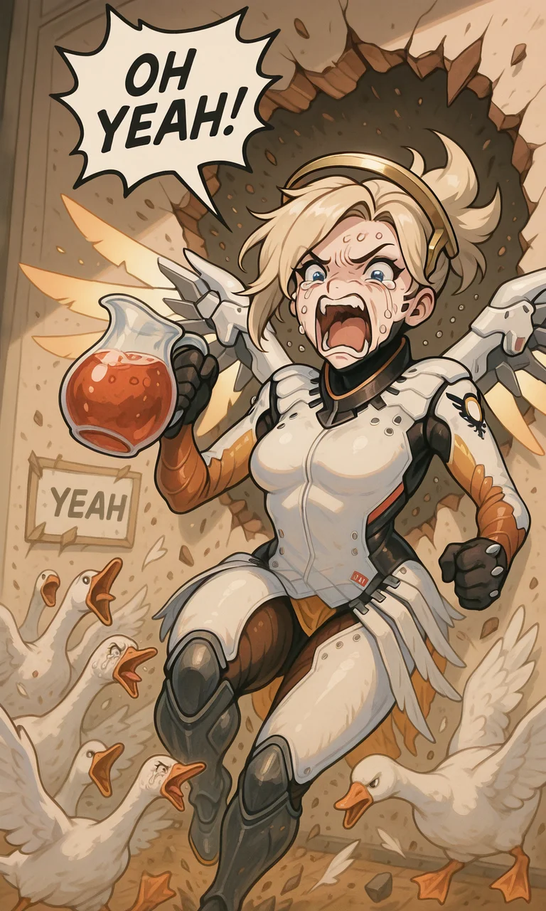 embedding:IllusP0s, OH YEAH!, breaking through wall, holding pitcher, speech bubble, debris, goose ambush, 6+ geese, mercy_\(overwatch\), screaming, crying, 1girl, solo, white bodysuit,<lora:goose ambush_illustrious.safetensors:1.0:1.0> <lora:OH YEAH_Illustrious.safetensors:1.0:1.0>