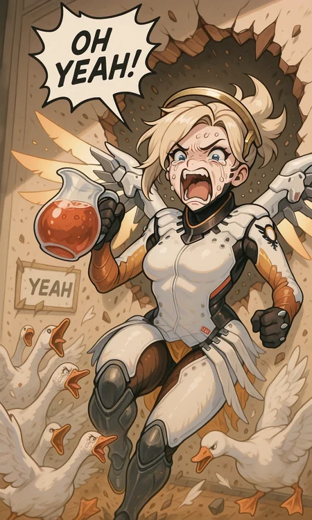 embedding:IllusP0s, OH YEAH!, breaking through wall, holding pitcher, speech bubble, debris, goose ambush, 6+ geese, mercy_\(overwatch\), screaming, crying, 1girl, solo, white bodysuit,<lora:goose ambush_illustrious.safetensors:1.0:1.0> <lora:OH YEAH_Illustrious.safetensors:1.0:1.0>