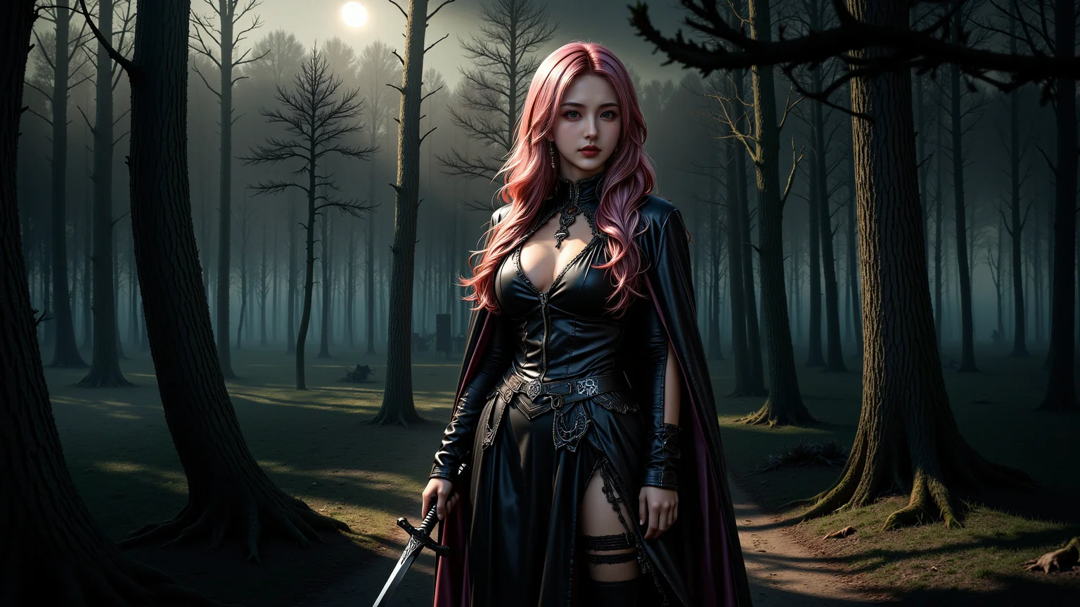 a voluptuous woman with long,wavy pink hair and fair skin standing in a misty,moonlit forest. She wears a revealing black leather outfit with intricate lace detailing,exposing ample cleavage and thigh-high stockings. She holds a sheathed sword in her right hand. The background features tall,dark trees and a glowing full moon,enhancing the mystical atmosphere.,<lora:yuukananri-base-02-flux:0.8>,yuukananri,she has a slender physique and a petite build,