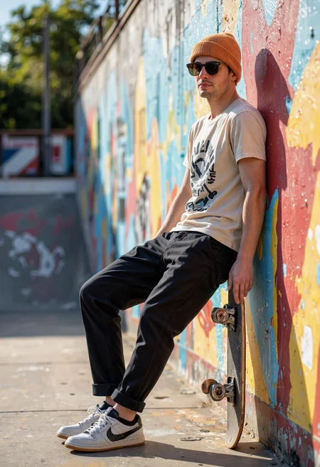 A waist-up portrait of a young man with a skateboard, leaning against a brightly painted wall in an open-air skate park at midday. He wears a beanie, sunglasses, and a casual graphic tee, his posture relaxed as sunlight reflects off his sunglasses, capturing the spirit of youthful adventure<lora:Flux.1_Turbo_Detailer.safetensors:0.7000000000000001:0.7000000000000001> <lora:Translucent_Colored_Glass_v02.safetensors:0.2:0.2>