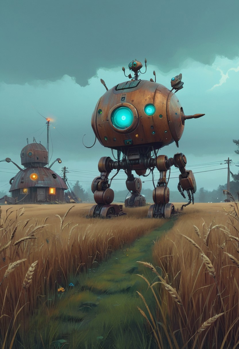 a digital painting of hyper detailed, 4k, masterpiece, concept art, whimsical steampunk style, small and quirky robot with large round eyes, standing in a field with a small bird on its head, rusted and weathered metal components, intricate details on the robot's body, background of a whimsical village with peculiar buildings, soft and natural lighting, playful and endearing atmosphere, rich textures and vibrant colors, emphasizing the robot's charm and the fantastical setting in the style of simon-stalenhag