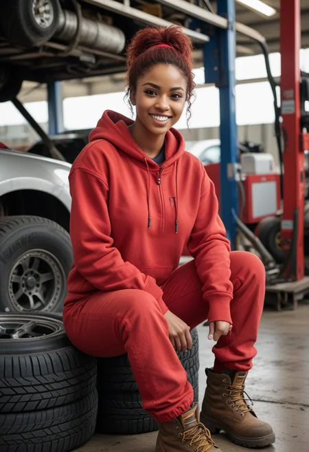 (medium full shot) of (charismatic mechanic) young woman, black american, dark eyes, dark skin, dark skin, light brown eyes, petite build, short red hair, wearing a red hoodie,utility pants,work boots, holding a wrench, dirty with oil and grease, set in Pit Stop, open area with a race car on a lift, tool chests on wheels, spare tires stacked nearby, fuel cans lined up, a computer for tracking lap times, a board with the race schedule, woman laughing, squatting, Masterpiece,best quality, photorealistic, amazing quality, very aesthetic, extremely detailed face,