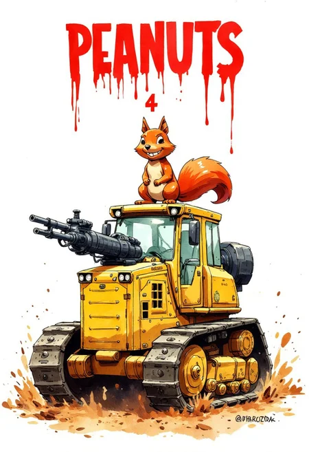watercolor painting of a squirrel riding a heavily armored yellow bulldozer with a machinegun on top. Font in red dripping letters "Justice 4 Peanuts"
