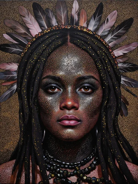 polka-dotted portrait of a feathered mature Zambian female monk fighting with a witch, intricate black and pink and brass, primal, very detailed <lora:Vintage_Nudity_60s:1>