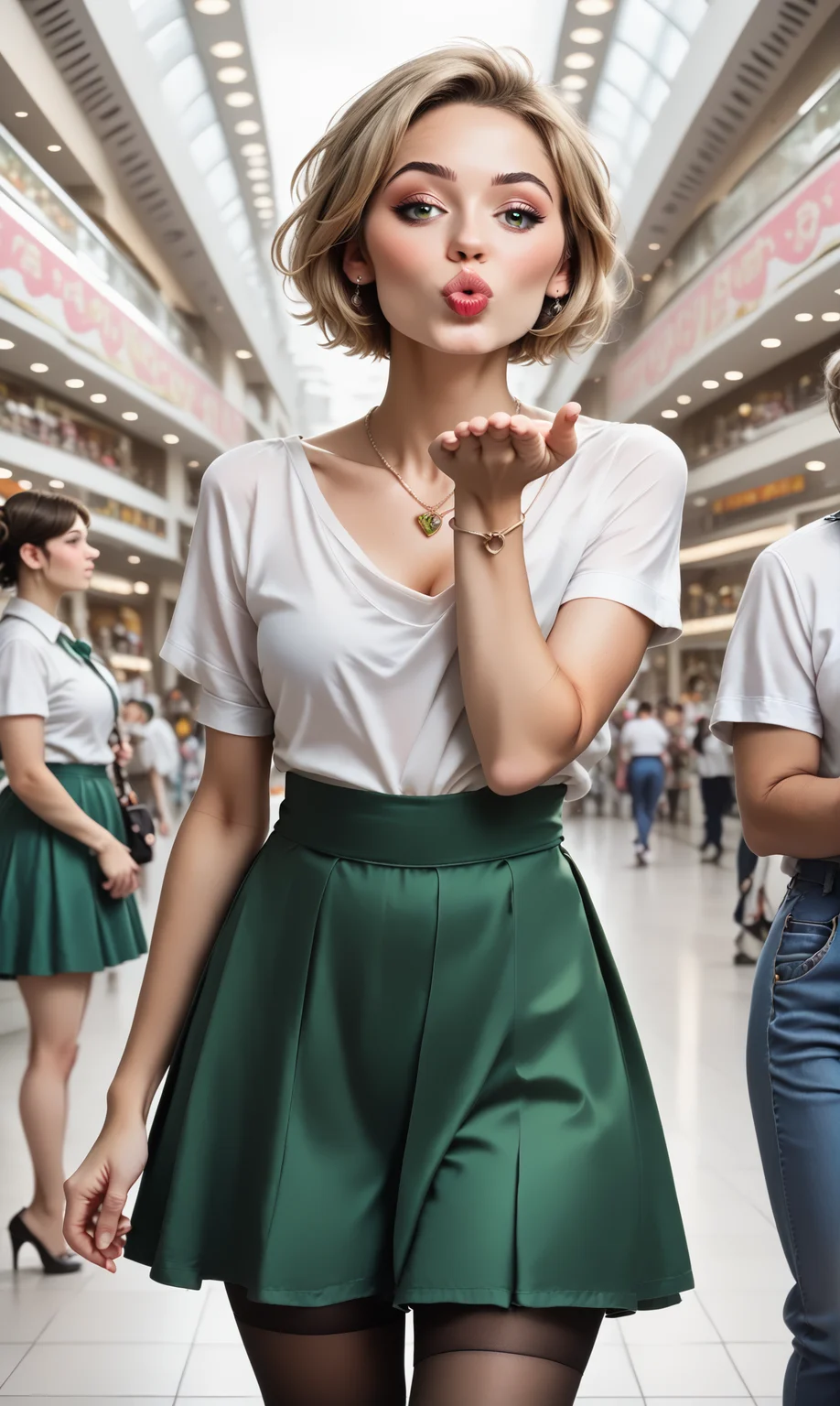 score_9, score_8_up, score_7_up, blaiki, wionha, (slim 25 years old woman) in green skirt and white blouse is blowing an air kiss with one hand, standing in a crowded mall. black (holdup stockings), necklace, short blonde hair
<lora:AirKissPony:1>