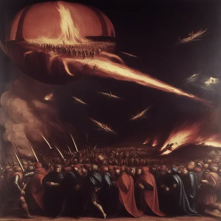 alien invasion, epic, dramatic, battle, horror, by hans holbein, painting, classic art, renaissance