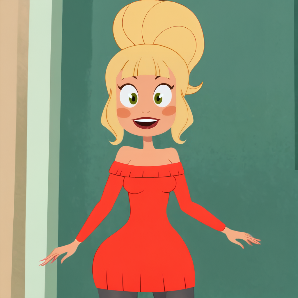 <lora:MissTinker_pony_v1:.8> MissTinker, 1girl, blush stickers, blonde hair, green eyes, black pantyhose, single hair bun, off shoulder, bare shoulders, sweater dress, breasts, sidelocks, bangs, red dress, off-shoulder dress, cowboy shot