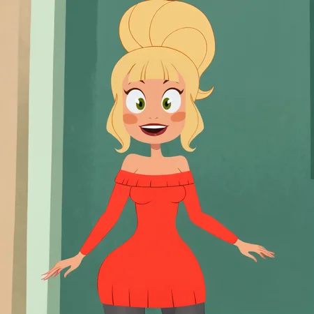 <lora:MissTinker_pony_v1:.8> MissTinker, 1girl, blush stickers, blonde hair, green eyes, black pantyhose, single hair bun, off shoulder, bare shoulders, sweater dress, breasts, sidelocks, bangs, red dress, off-shoulder dress, cowboy shot