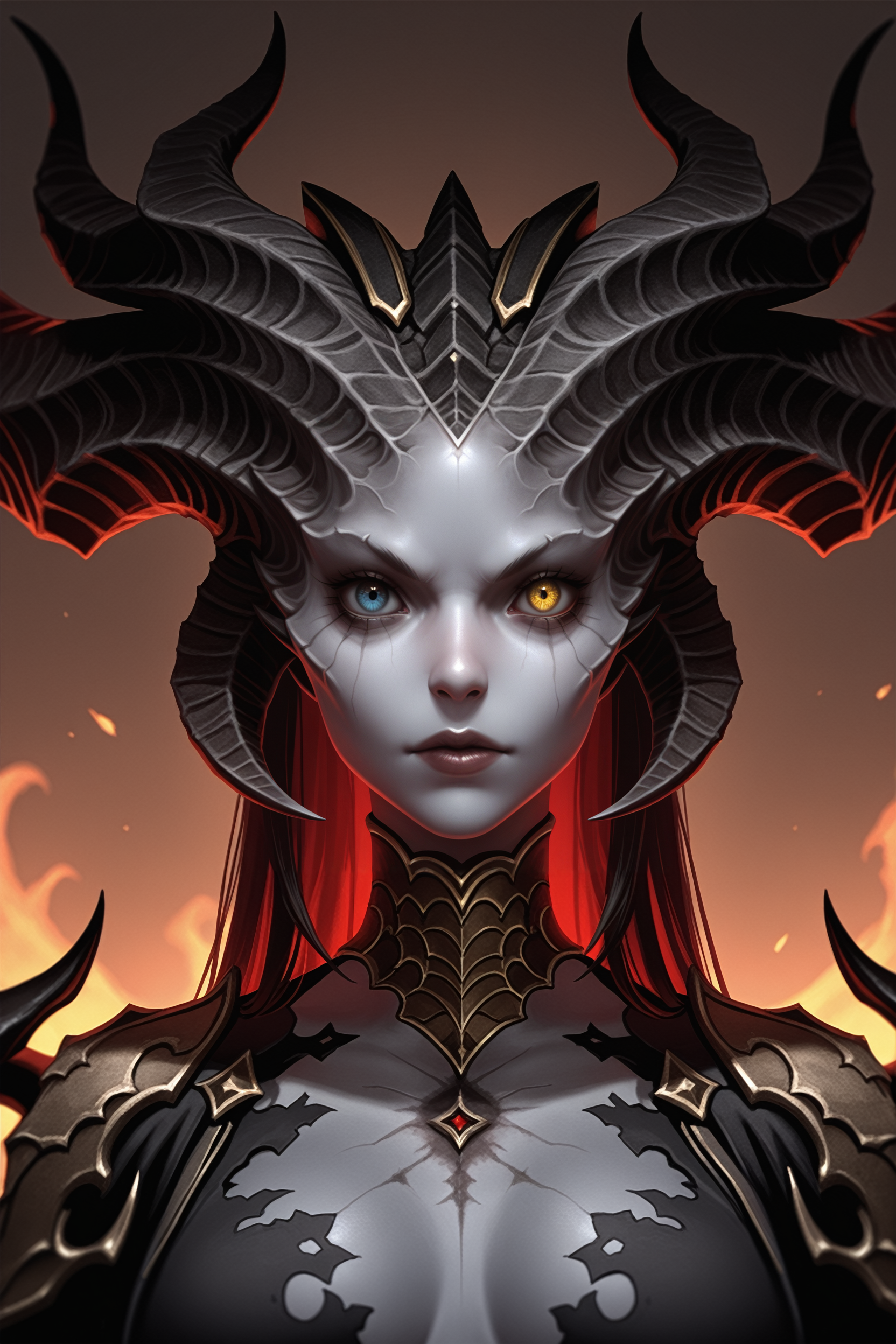 masterpiece, best quality, absurdres,
<lora:ILD4Lilith:0.8>
D4Lilith, 1girl, demon horns, heterochromia, gray skin, looking at viewer, portrait