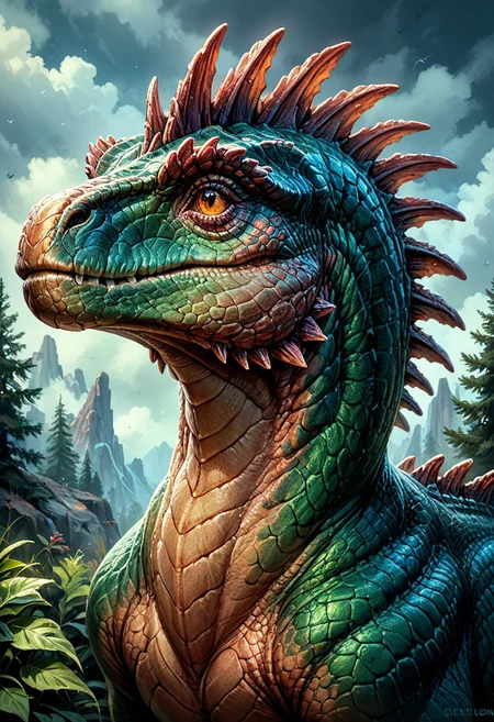 score_9, score_8_up, score_7_up, solo, portrait, from side, 1man, giant dinosaur reptillian, spines, feral, realistic scales, detailed scale texture, solo, outdoors, solo, headshot, solo, extremely detailed, Macro detailed realism style photograph, 3DMM
