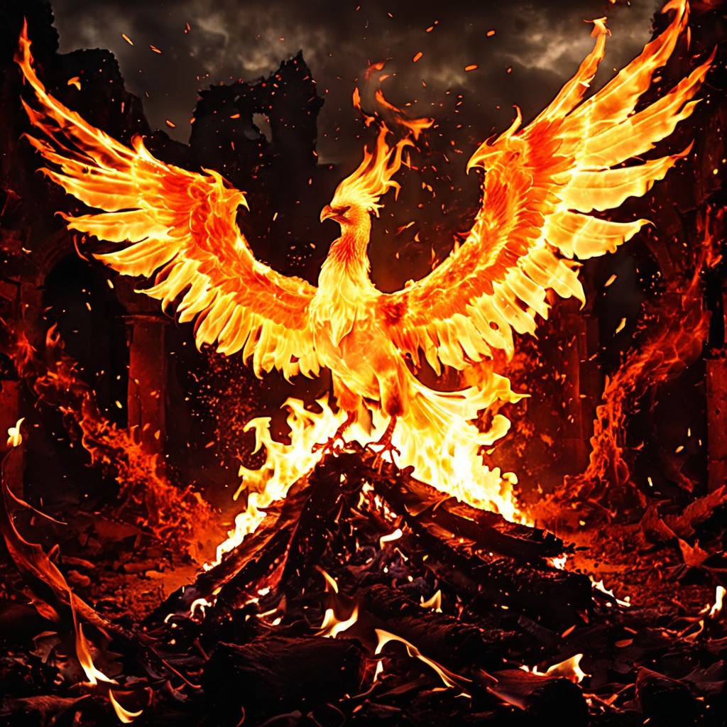 (fire), A majestic phoenix rises from smoldering ashes, wings fully outstretched, ablaze with radiant orange, gold, and crimson flames. Embers swirl around its powerful body as molten feathers shimmer against a darkened sky. In the background, blackened ruins give way to glowing lava cracks and blooming fire lilies. The creature's eyes burn with ancient wisdom and rebirth. (mythical realism, dynamic lighting, cinematic glow, fiery energy, high-detail feathers and flame textures, epic fantasy mood)