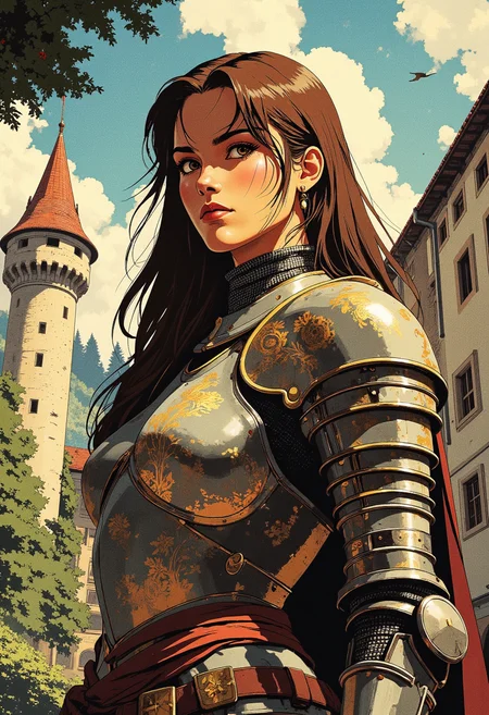 Image is an  digital fantasy artwork featuring female knight in shining armor. She has tan skin with long brunette hair thats slicked back. She's wearing heavy plate armor, with a gorget and shoulderpads. The armor is trimmed with gold and has intricate golden etchings on it. The background is of a castle courtyard, bright sun, clear sky, lush trees,