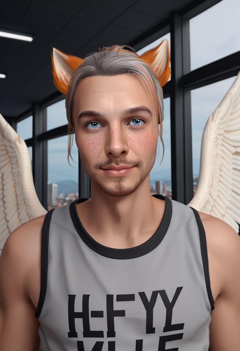 Roiadan Vanzey, solo, looking at viewer, blue eyes, 1boy, animal ears, upper body, grey hair, male focus, wings, tank top, portrait, sidelighting, happy accidents, enigmatic, facial hair,  feathered wings, freckles, nightclub scene, windows, signs, PonyXLV6_Scores zPDXL