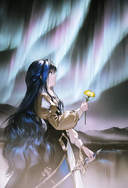 1girl, solo, holding, long hair, blue eyes, long sleeves, aurora, from side, dress, flower, blue hair, profile, rain, holding flower, closed mouth, puffy sleeves, outdoors, sword, night, very long hair <lora:YLXL_NBVP1_lokr_V6311P:0.95>
