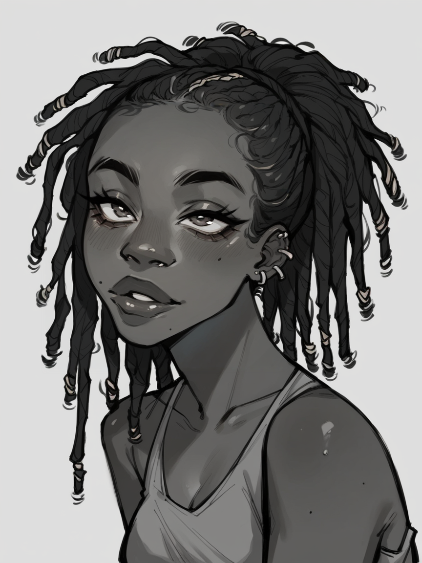 score_9, score_8_up, score_7_up, score_6_up, score_5_up,    <lora:p0tatooXLP:1> p0tatoo, dark skin, 1girl, dreadlocks,