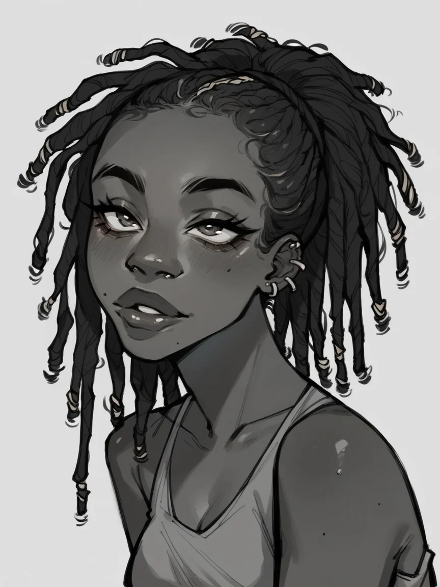 score_9, score_8_up, score_7_up, score_6_up, score_5_up, <lora:p0tatooXLP:1> p0tatoo, dark skin, 1girl, dreadlocks,