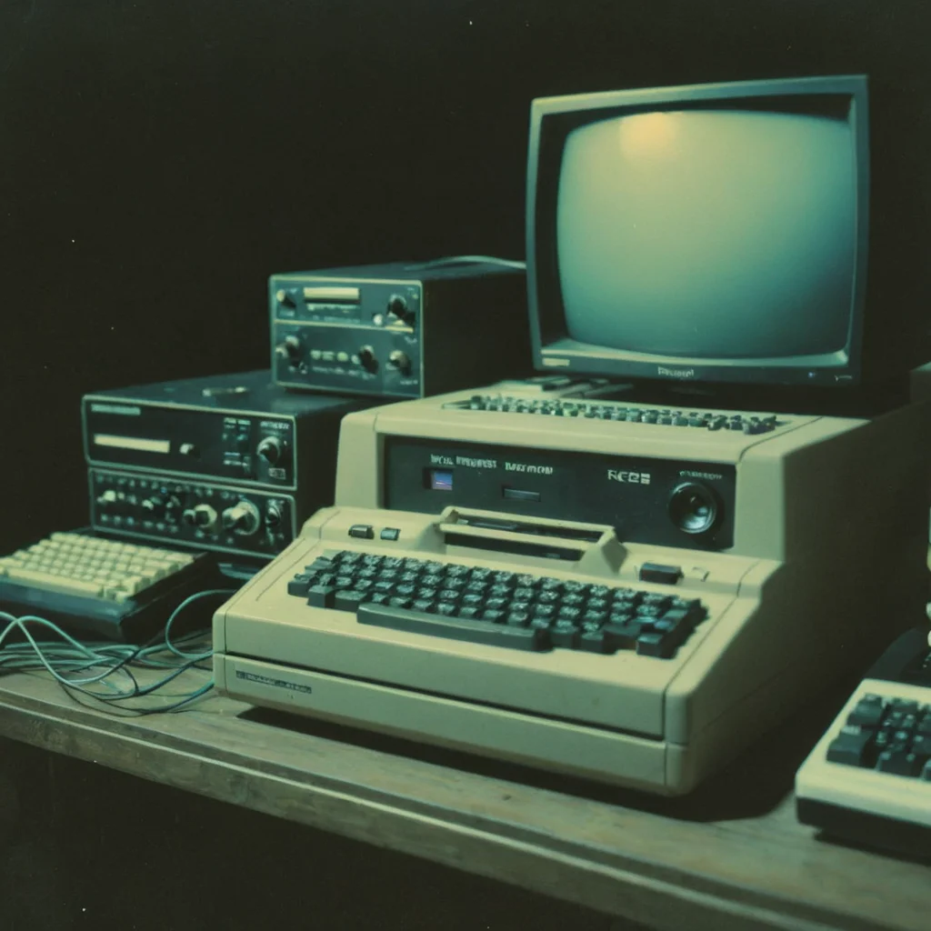 polaroid film photography, faded film, soft focus, 90s computer hacking station