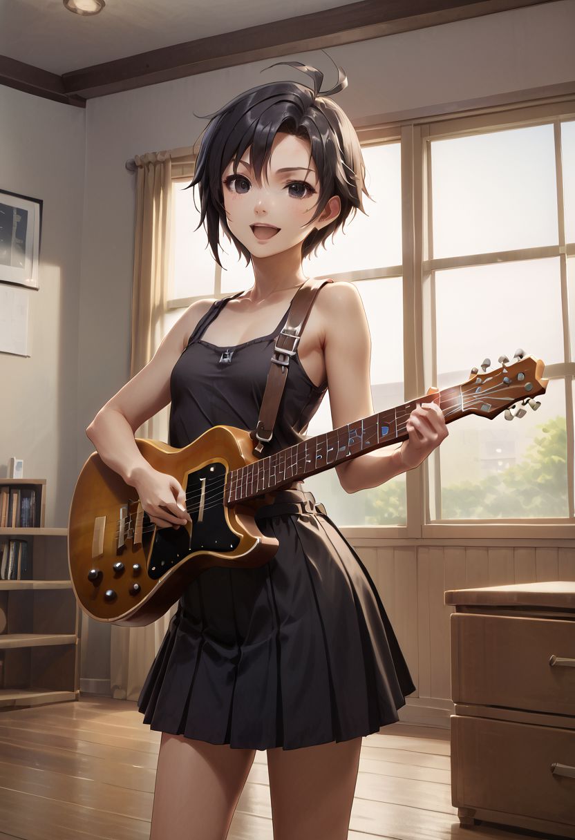 score_9,score_8_up,score_7_up,score_6_up,source_anime, <lora:Worldly_XL:1> ((((playing guitar:2))))
1girl, solo, full figure, standing, dynamic pose, singing, dancing, <lora:KikuchiMakoto_pony_v1:0.9> kikuchi makoto, kkcmkt, short hair, black hair, antenna hair, hair between eyes, black eyes, flat chest, small breasts,  (long legs:1.2), delicate strappy heels,
hands, <lora:detailed_hands:1.05>
<lora:HandFineTuning_XL:0.55>
<lora:loraeyesxl:0.65>
zPDXL, zPDXL-neg