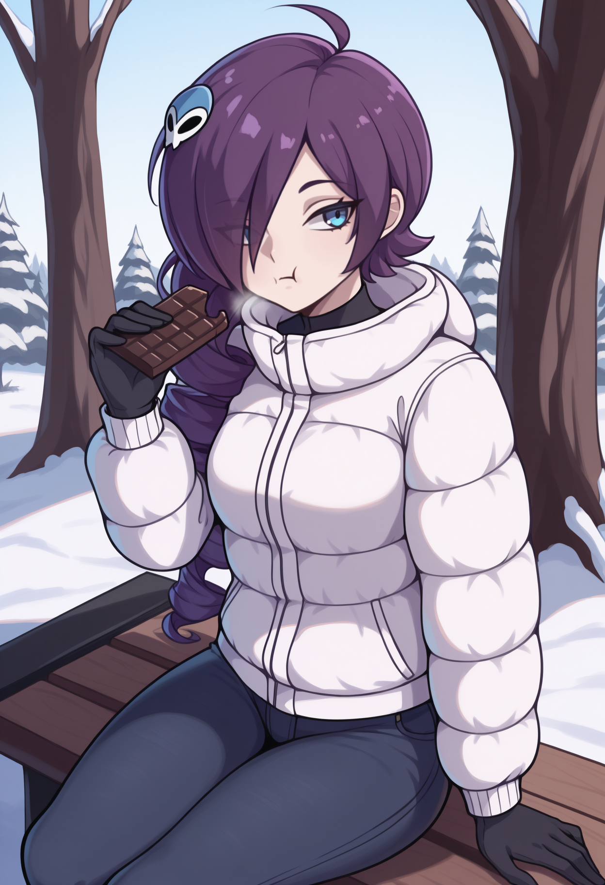 masterpiece, best quality, <break> solo, 1girl, zon3tan, eating, :t, sitting, bench, holding food, chocolate bar, long hair, purple hair, hair over one eye, ahoge, drill hair, skull hair ornament, blue eyes, white jacket, down jacket, long sleeves, black gloves, jeans, outdoors, day, snow, nature, tree, path
<segment:yolo-Anzhc Face seg 640 v2 y8n.pt,0.4,0.5//cid=1>